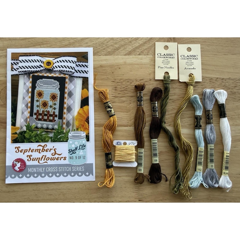 September's Sunflowers Cross Stitch Pattern & Threads It's Sew Emma Monthly Jar